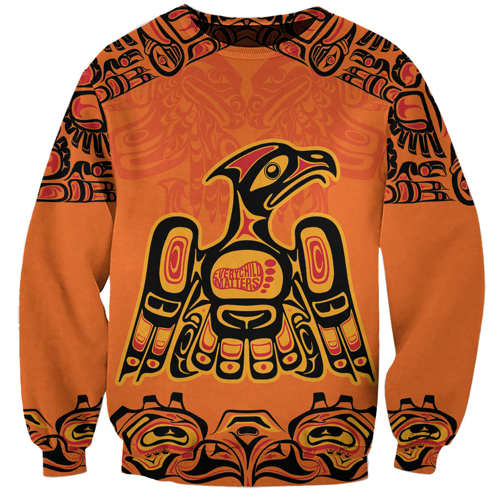 Unisex orange sweatshirt with Haida-style totem bird graphic and decorative sleeves