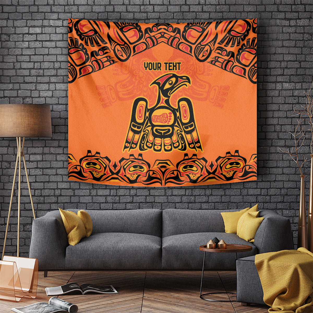 Orange wall tapestry with black tribal border, 'YOUR TEXT' and bird emblem center.
