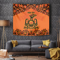 Orange wall tapestry with black tribal border, 'YOUR TEXT' and bird emblem center.