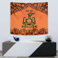 Orange wall tapestry with black tribal border, 'YOUR TEXT', and central bird emblem.