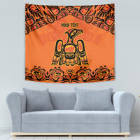 Orange wall tapestry with black tribal border, 'YOUR TEXT', and central bird emblem.
