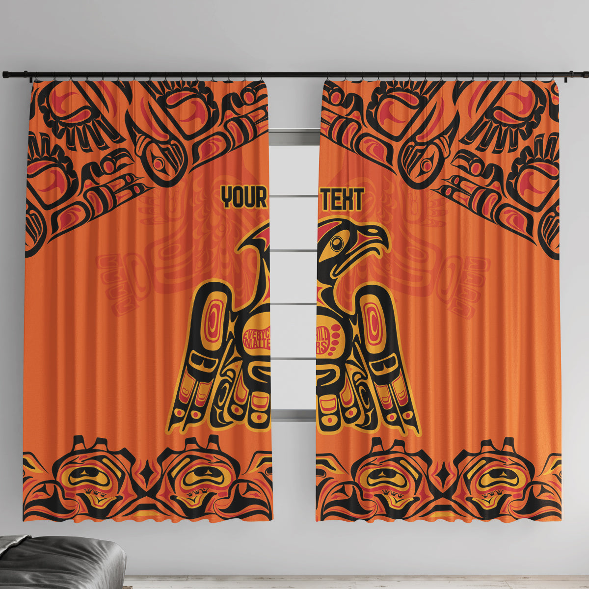 Orange window curtain panels with bold black and yellow Indigenous totem-style artwork.