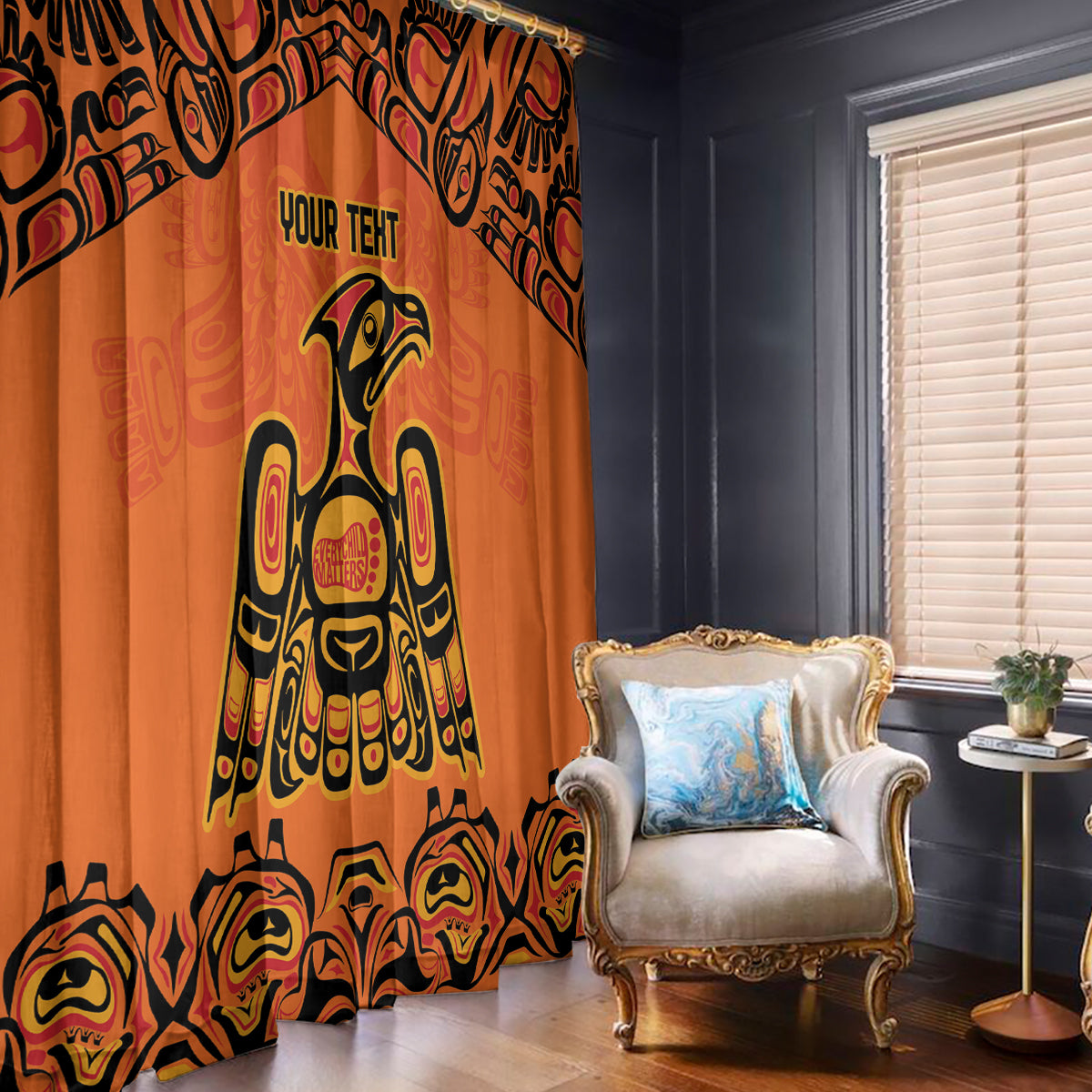 Orange window curtain with totem-style black and yellow pattern and centered text.