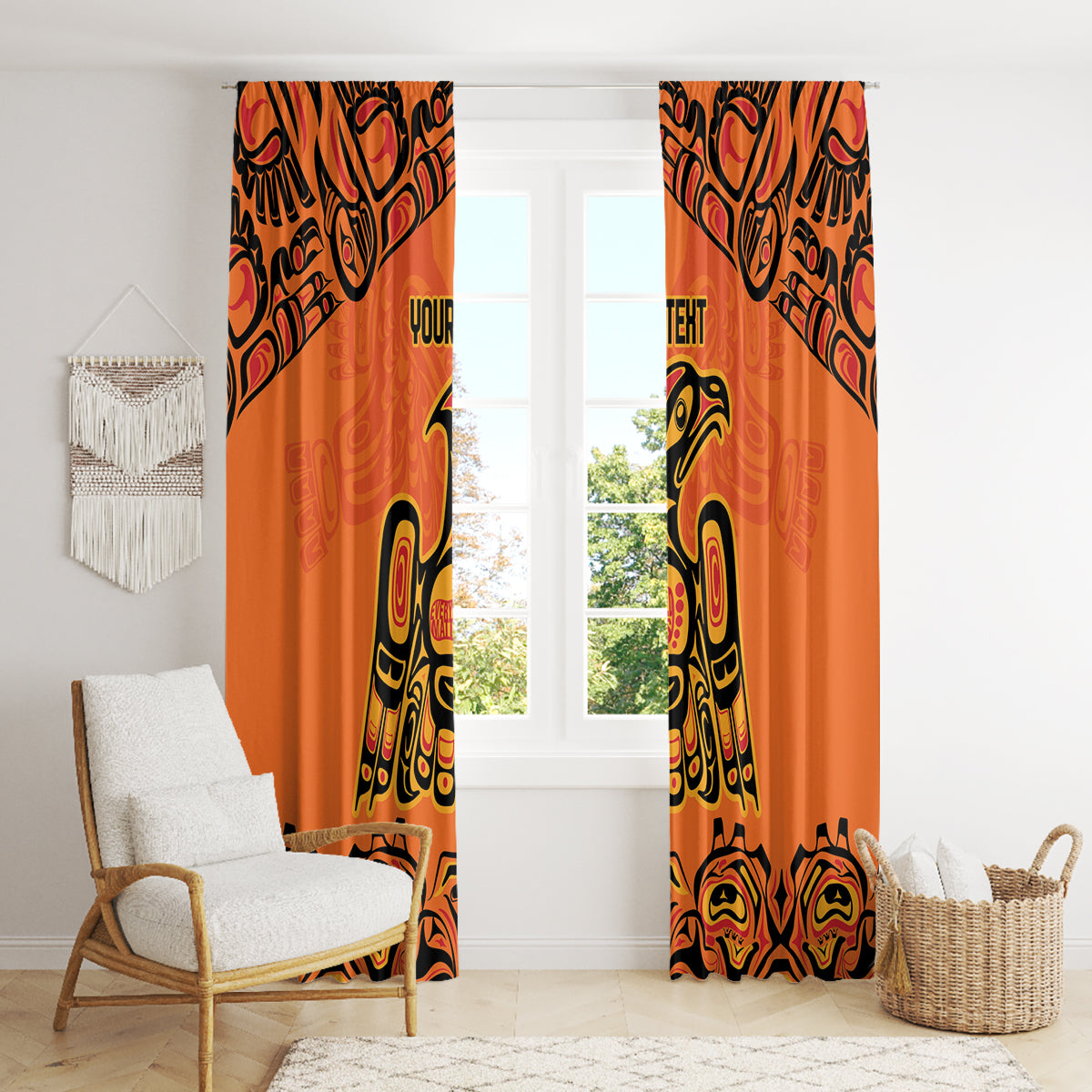 Orange window curtain panels with bold black and yellow totem-style prints and scalloped hem.