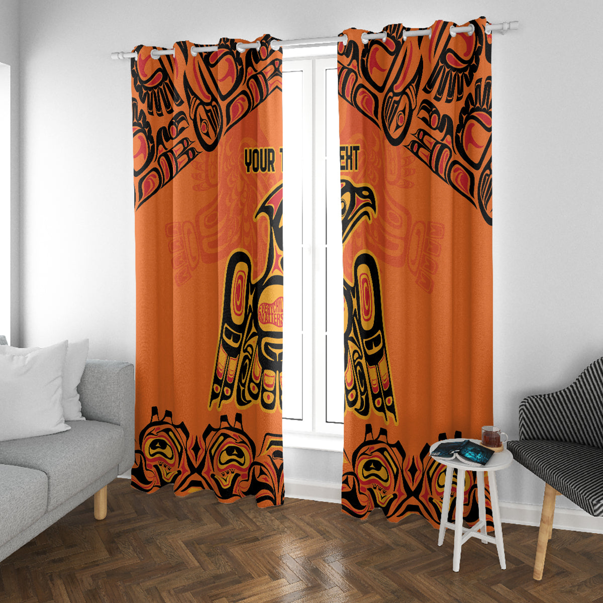 Orange curtains with black and yellow Indigenous totem pattern, eyelet-style header visible.