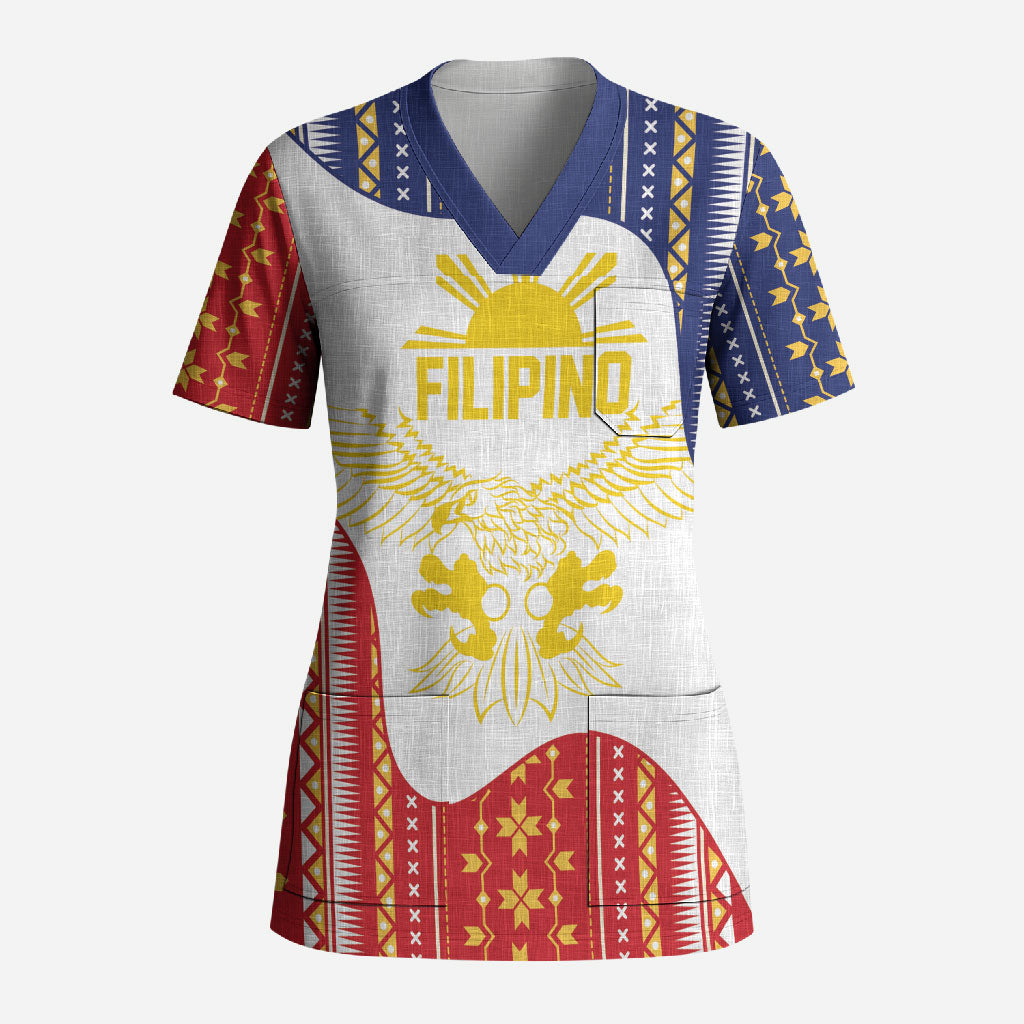 Philippines Flag Day Scrub Top Filipino Traditional Igorot Tribal Pattern