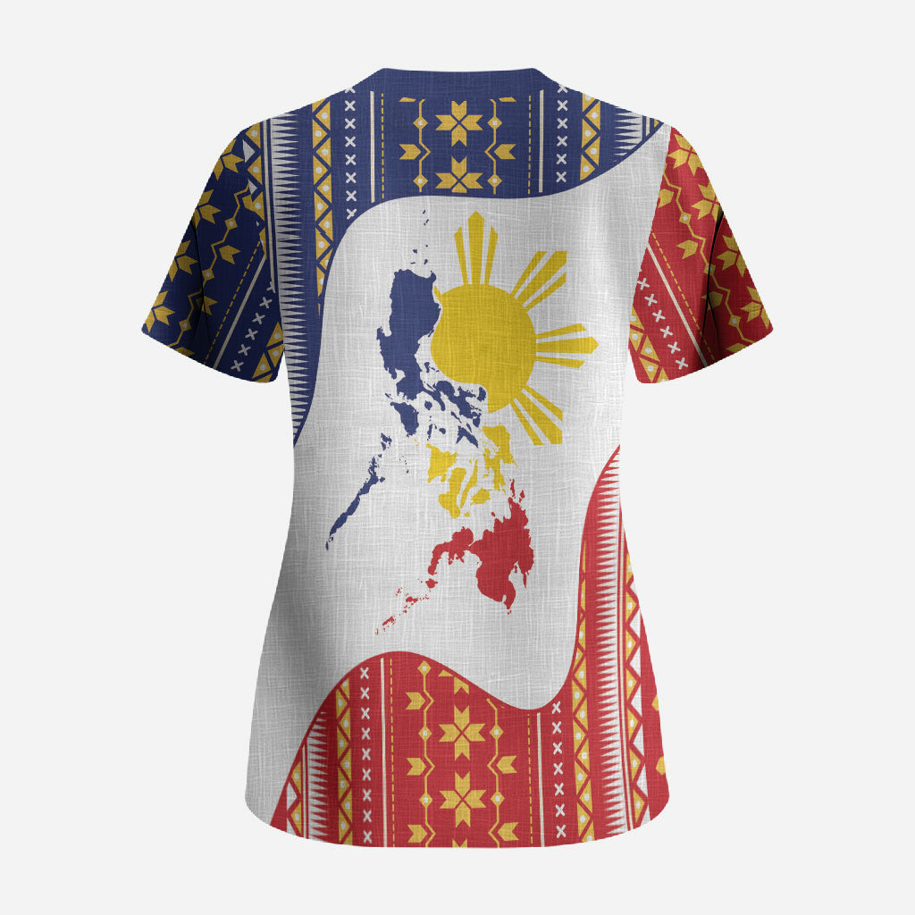 Philippines Flag Day Scrub Top Filipino Traditional Igorot Tribal Pattern