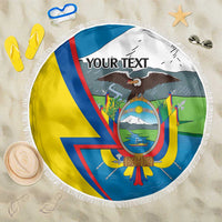 Round beach blanket with Ecuador flag graphic and fringe edge, personalized “YOUR TEXT”