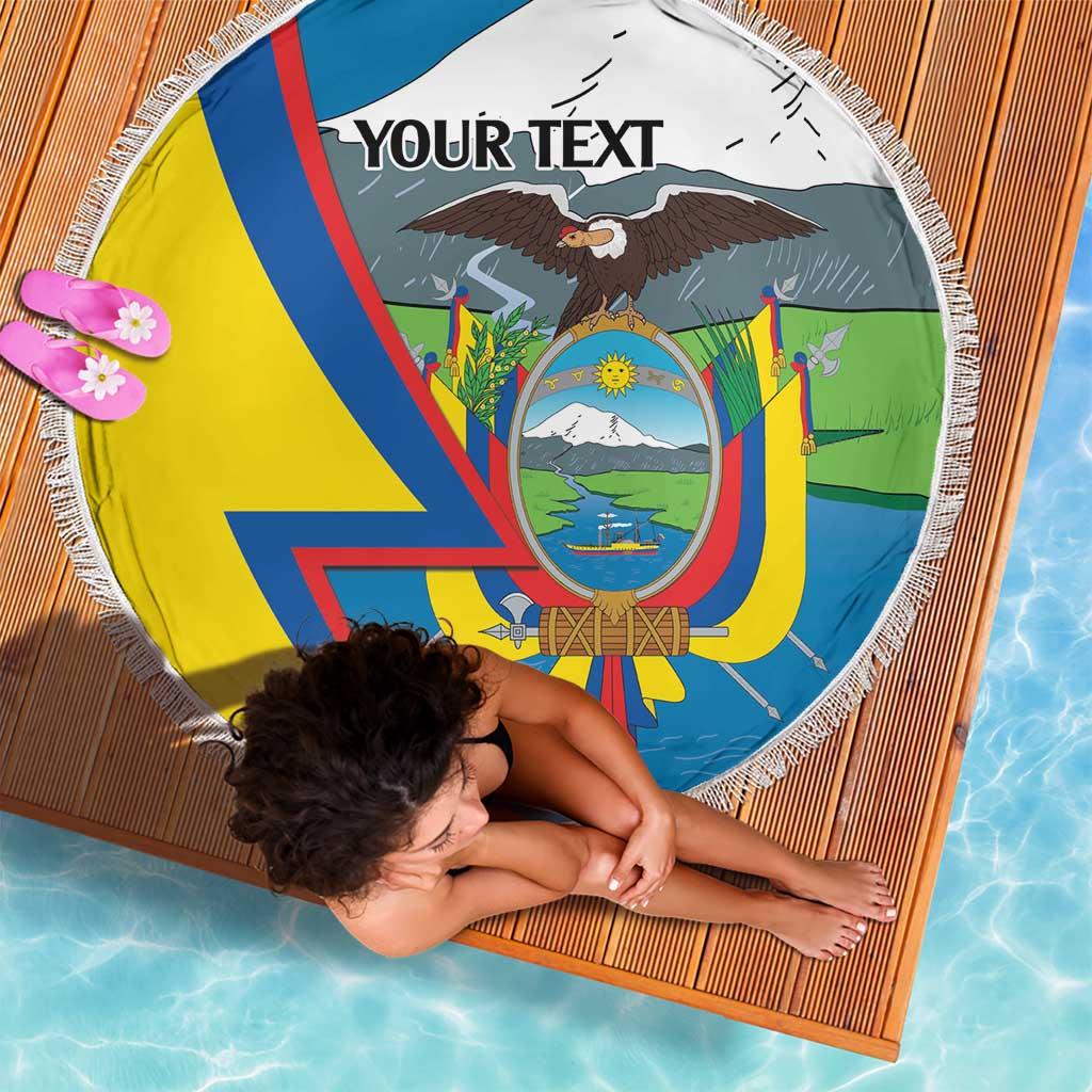 Round beach blanket with Ecuador flag emblem and fringe, “YOUR TEXT” printed at top