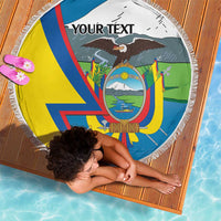Round beach blanket with Ecuador flag emblem and fringe, “YOUR TEXT” printed at top