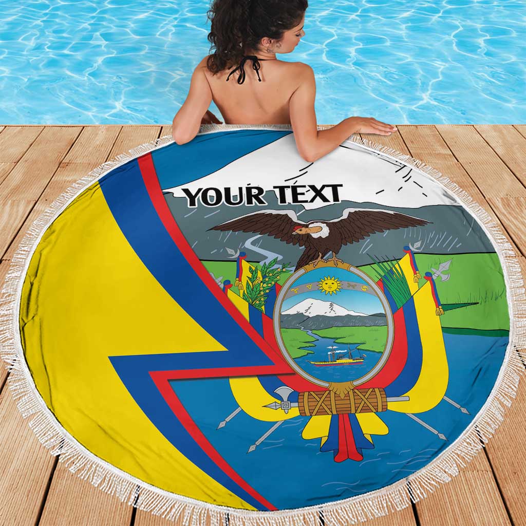 Round Ecuador-themed beach blanket with fringe edge and “YOUR TEXT” personalization