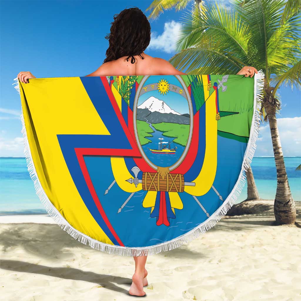 Round beach blanket showing Ecuador flag design with fringe border and “YOUR TEXT”