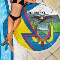 Round Ecuador flag beach blanket with decorative fringe and “YOUR TEXT” on banner