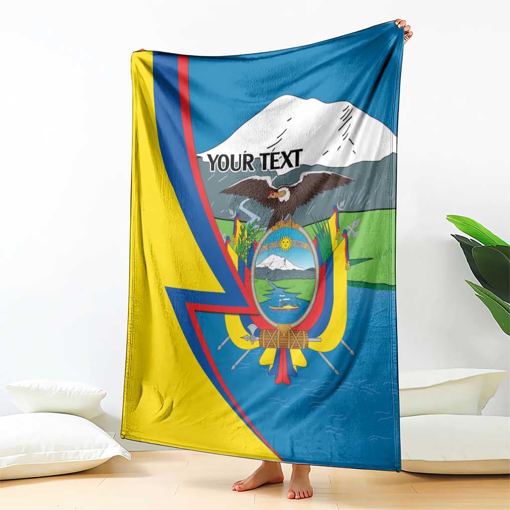 Personalized blanket draped with Ecuador flag design, eagle crest, and 'YOUR TEXT'