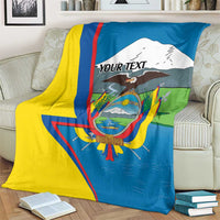 Personalized blanket on couch with Ecuador flag colors, crest, and 'YOUR TEXT'