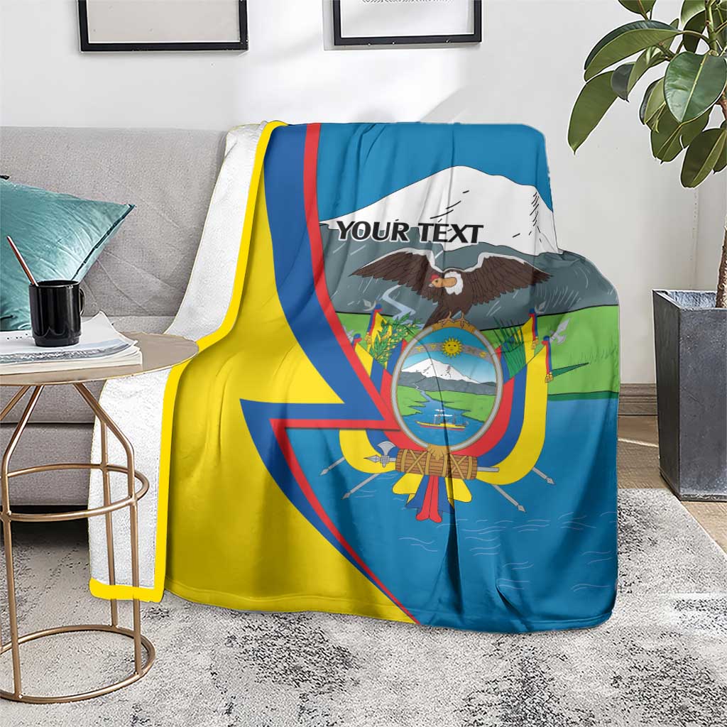 Personalized blanket on floor, Ecuador flag design with crest and 'YOUR TEXT'