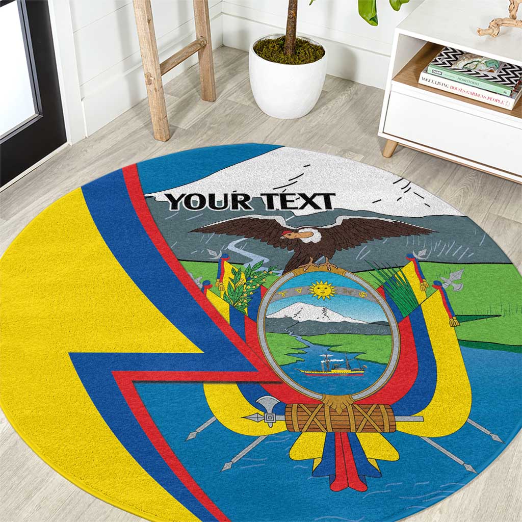 Round personalized carpet with Ecuador flag design, circular emblem, “YOUR TEXT”