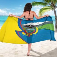 Personalized Ecuador flag sarong with bold graphic, worn by model from behind