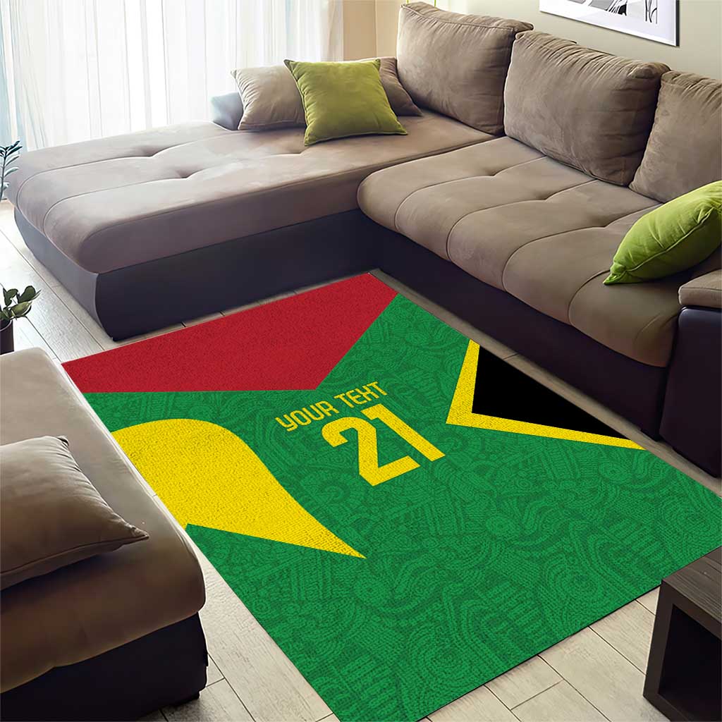 Green custom area rug with 'YOUR TEXT 21' motif, red strip and yellow/black arrow shapes