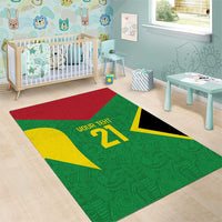 Green custom area rug with 'YOUR TEXT 21' in red, yellow and black lightning arrows