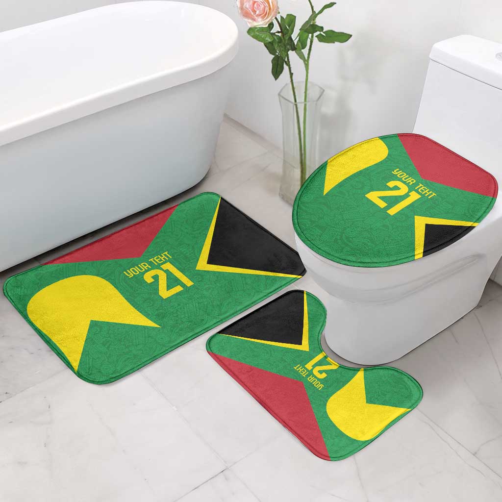 Green bath rugs with yellow 21 graphics and red/black trim, including toilet lid cover