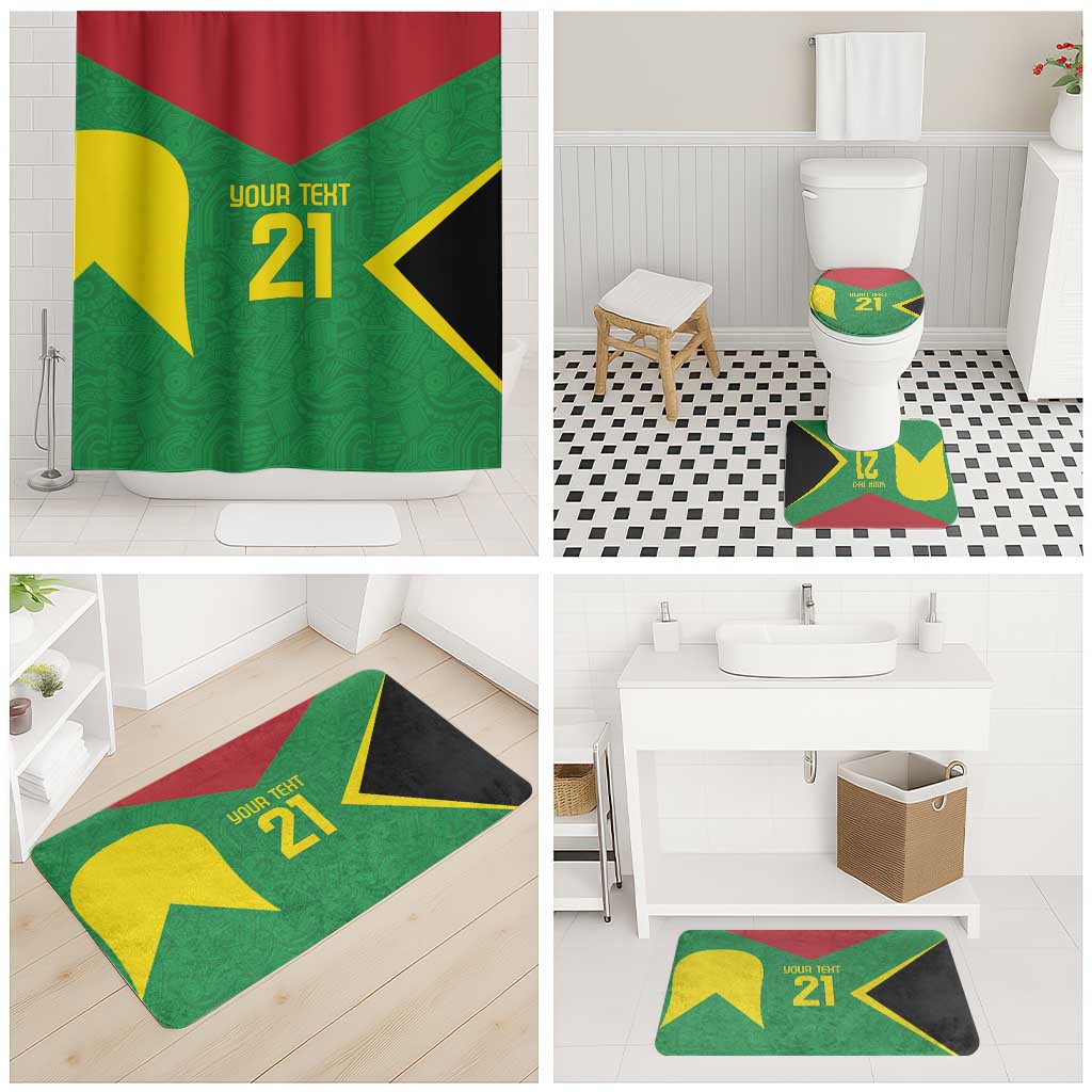 Green and red bathroom set combo view: shower curtain, toilet cover, and floor mats