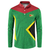 Green button-up sweatshirt with red collar, yellow/black chevron graphic, logo patch
