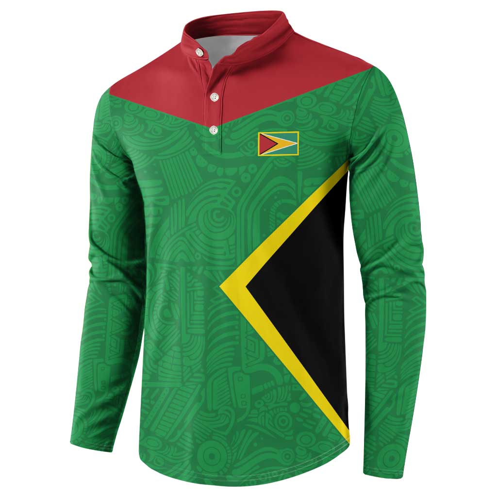 Green button-up sweatshirt with red collar, yellow/black chevron, small emblem on chest