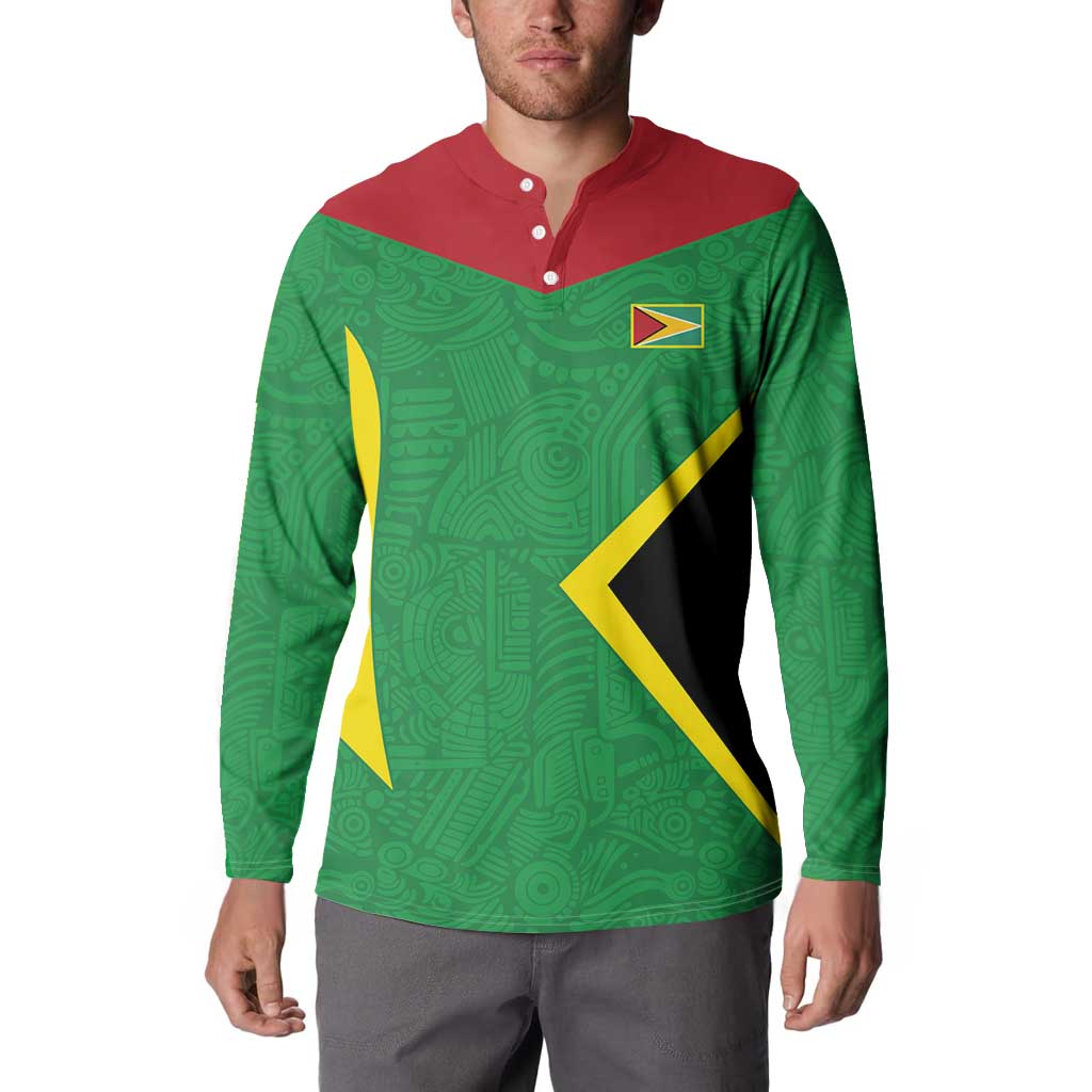 Green button-up sweatshirt with red collar, yellow/black zigzag graphic, emblem patch