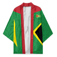 Green open-front kimono with red collar, red/white center stripe, yellow emblem detail