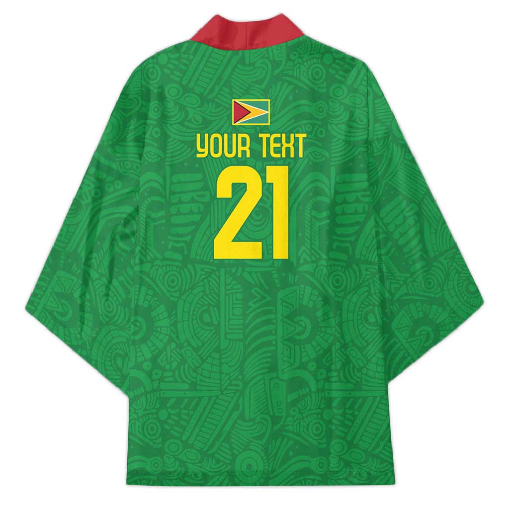 Green patterned kimono back with logo and text "YOUR TEXT 21"