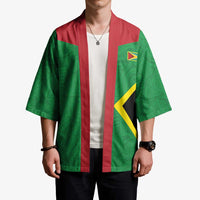 Green open-front kimono worn by model: red collar, center stripe, yellow emblem