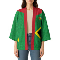 Green open-front kimono with red collar, center stripe, and yellow emblem