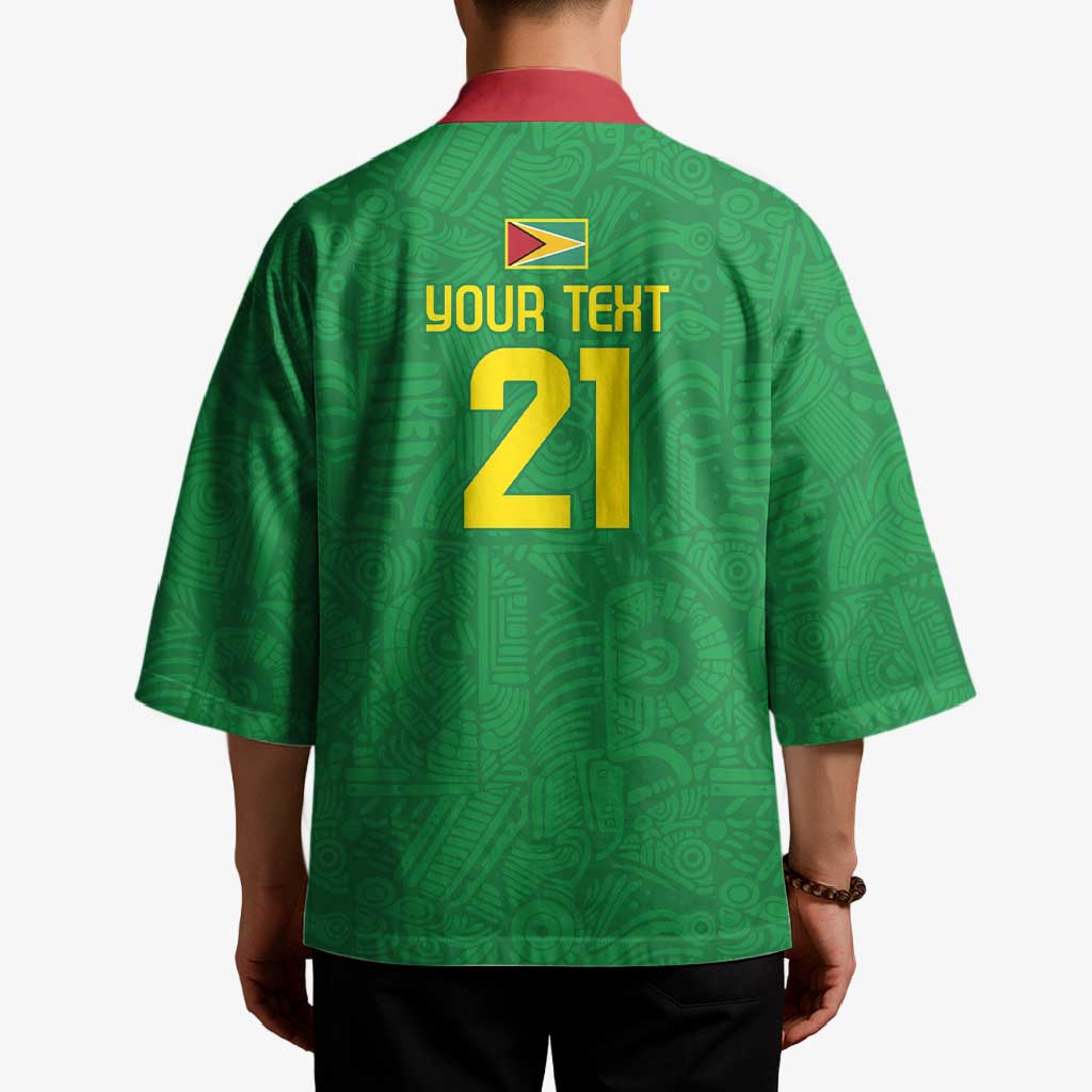 Green patterned kimono back with red collar, logo, and "YOUR TEXT 21"