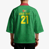 Green patterned kimono back with red collar, logo, and "YOUR TEXT 21"