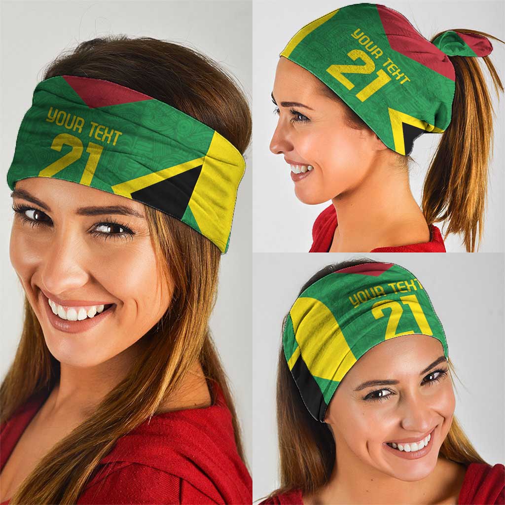 Green neck gaiter worn as headband and face cover with 'YOUR TENT 21' print