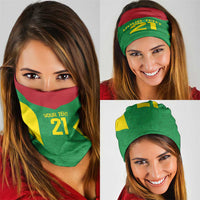 Green neck gaiter face cover and head wrap with 'YOUR TENT 21' and red/yellow stripes