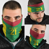 Green neck gaiter face cover with red/yellow stripes and 'YOUR TENT 21' on two models