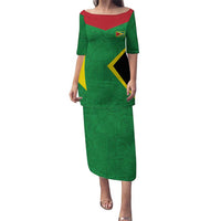 Green long off-shoulder dress with red neckline trim and gold fan logo design