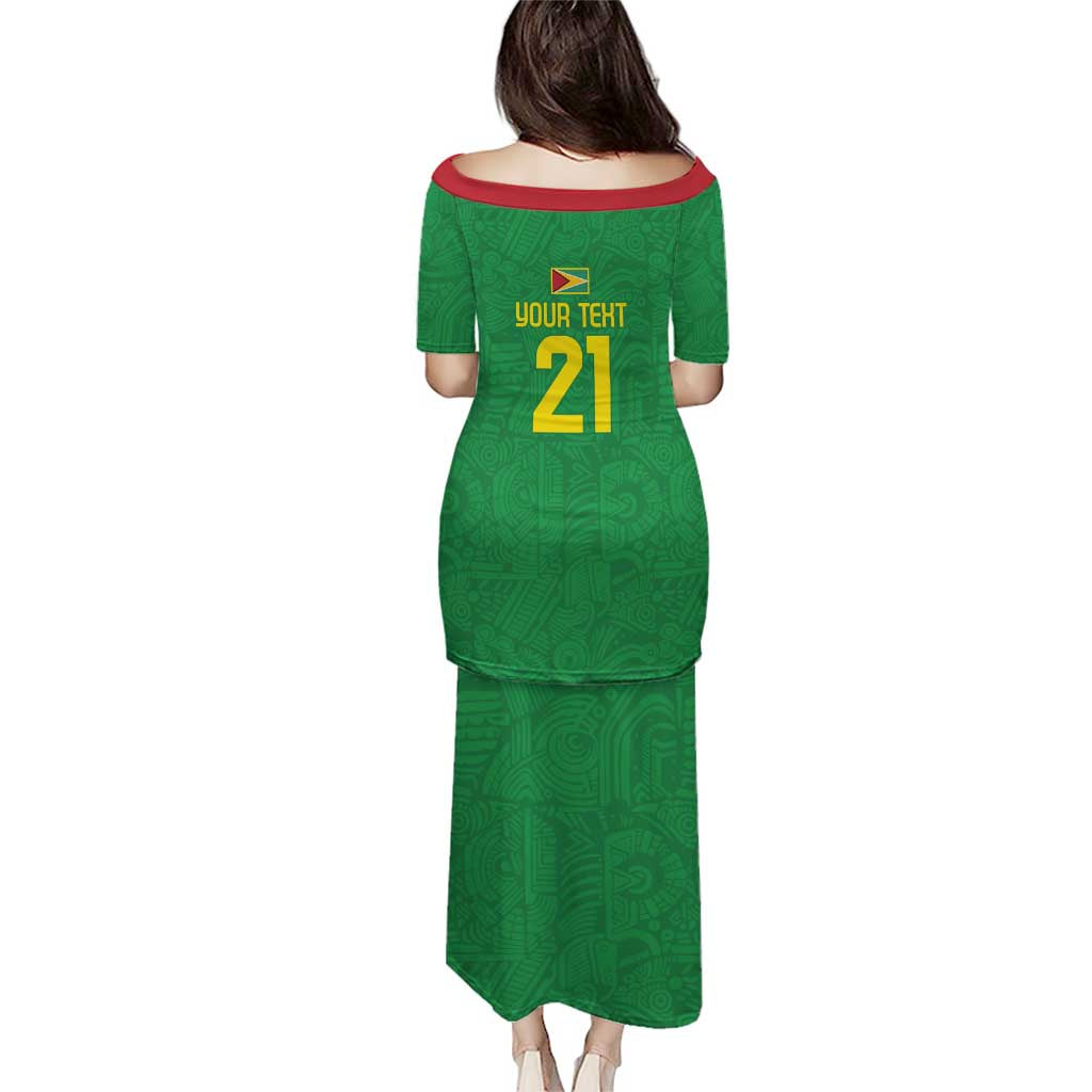 Green long off-shoulder dress, back shows yellow name text and number 21