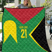 Green, red, and black quilt with yellow emblem and '21' custom name text