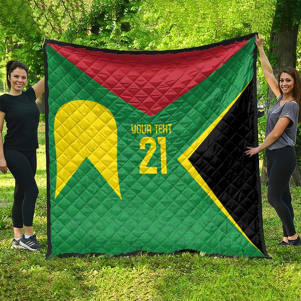 Green quilt with red top panel, yellow emblem, '21' and custom name text