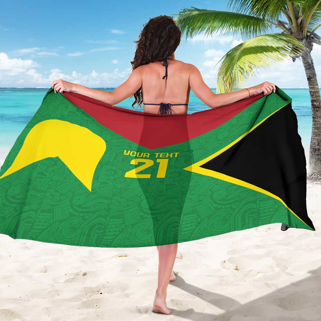 Custom fan pride sarong with green patterned fabric, yellow arrow design, “YOUR TEXT 21”