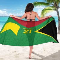 Custom fan pride sarong with green patterned fabric, yellow arrow design, “YOUR TEXT 21”