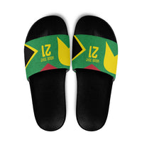 Custom green slide sandals with black sole, star graphic strap and red-yellow accents