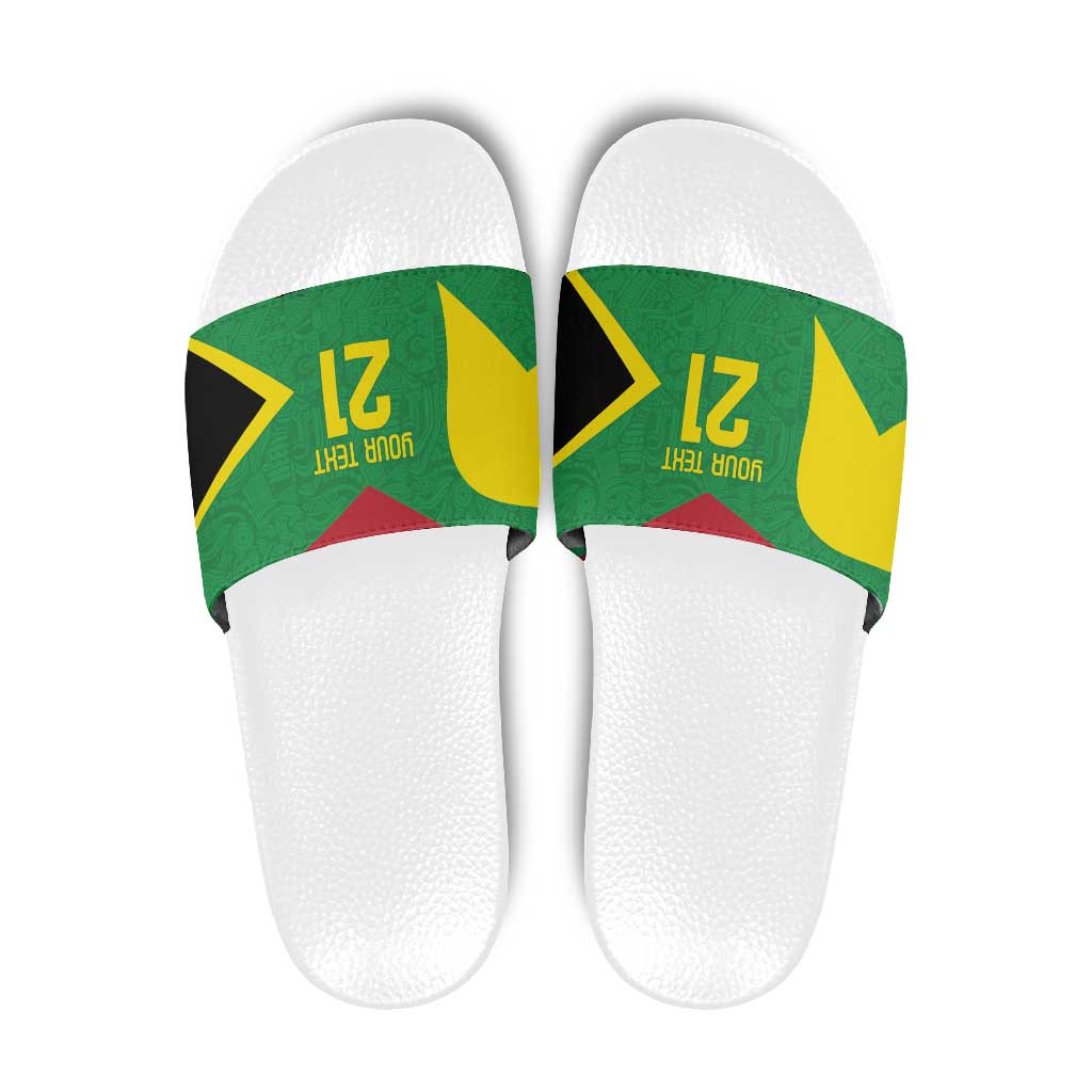 Custom green slide sandals with white sole, star graphic strap and red-yellow accents