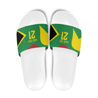 Custom green slide sandals with white sole, star graphic strap and red-yellow accents