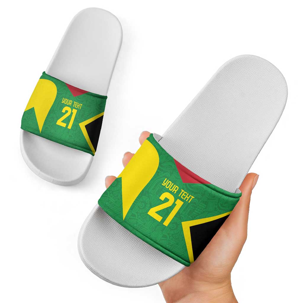 Custom white slide sandals shown in hand, green star graphic strap with red-yellow accents