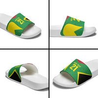 Custom green slide sandals with white sole, star graphic strap shown from side and top