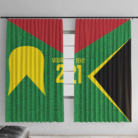 Pair of green window curtains with red panels and yellow/gold geometric accents, custom print.